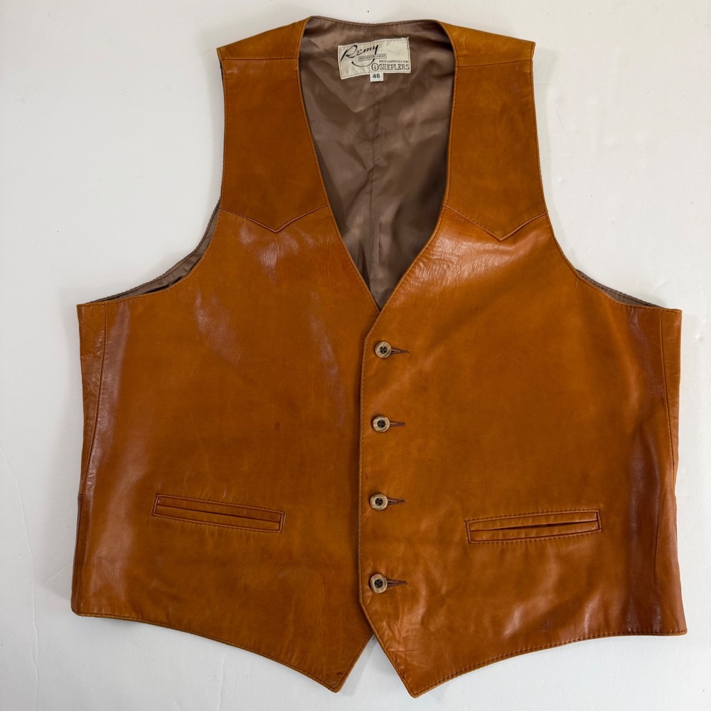 Vintage Remy Leather Fashions for Sheplers Brown Leather Vest 46 Western Cowboy